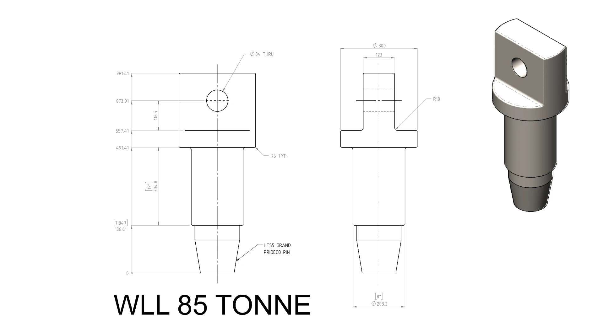 Engineering drawing of an 85-tonne WLL lifting pin assembly.